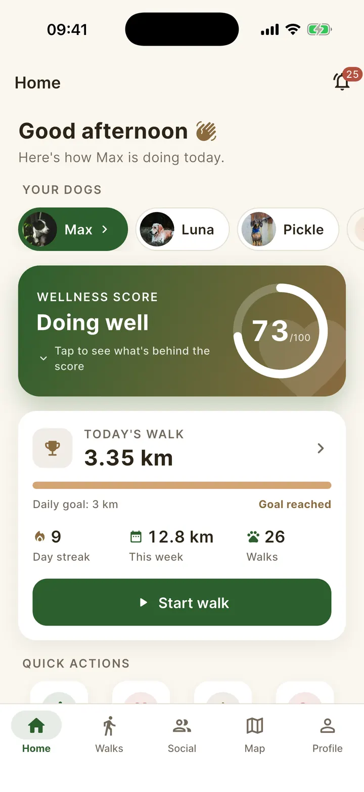 PawLife home screen: the dog’s wellness score, today’s walk and upcoming reminders