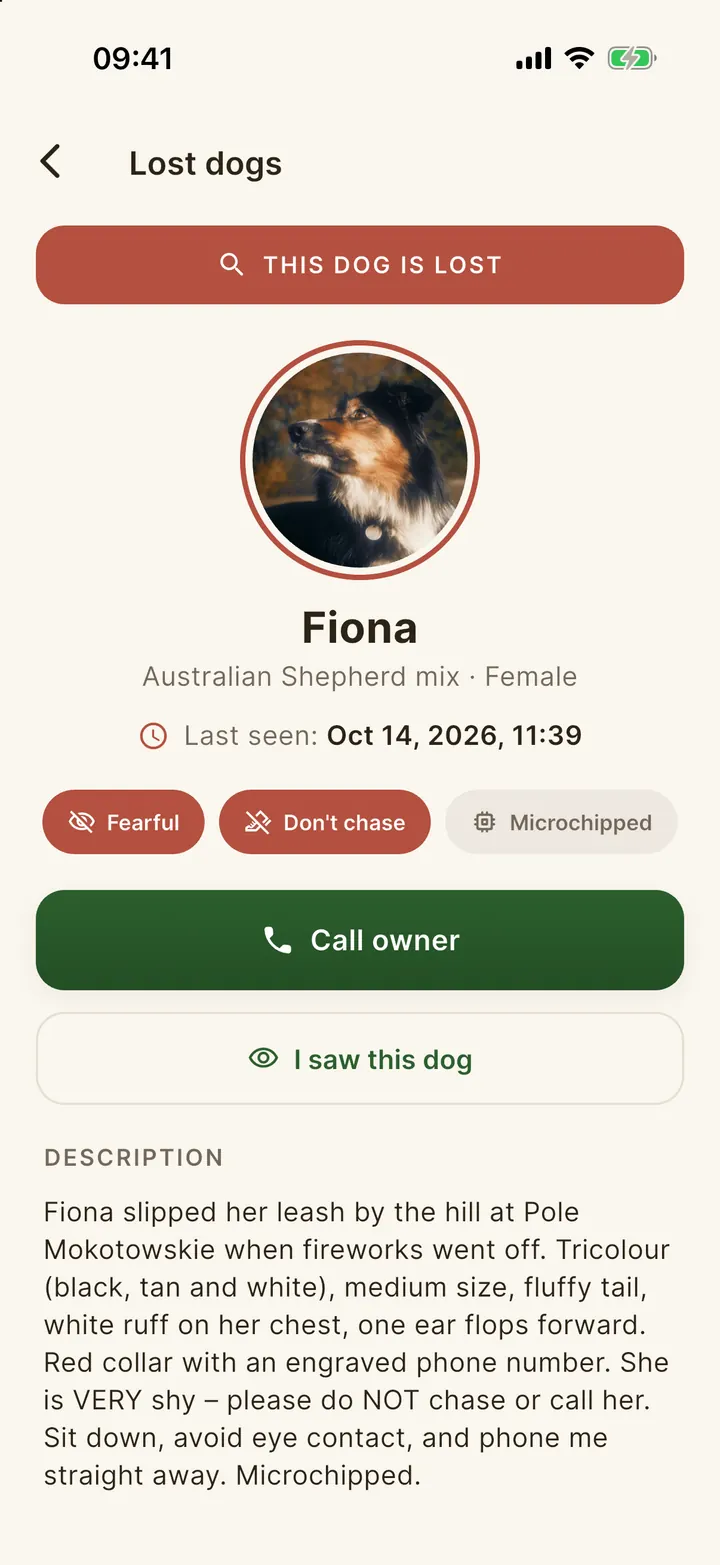A lost dog report with “Fearful” and “Don’t chase” warnings and a “Call owner” button