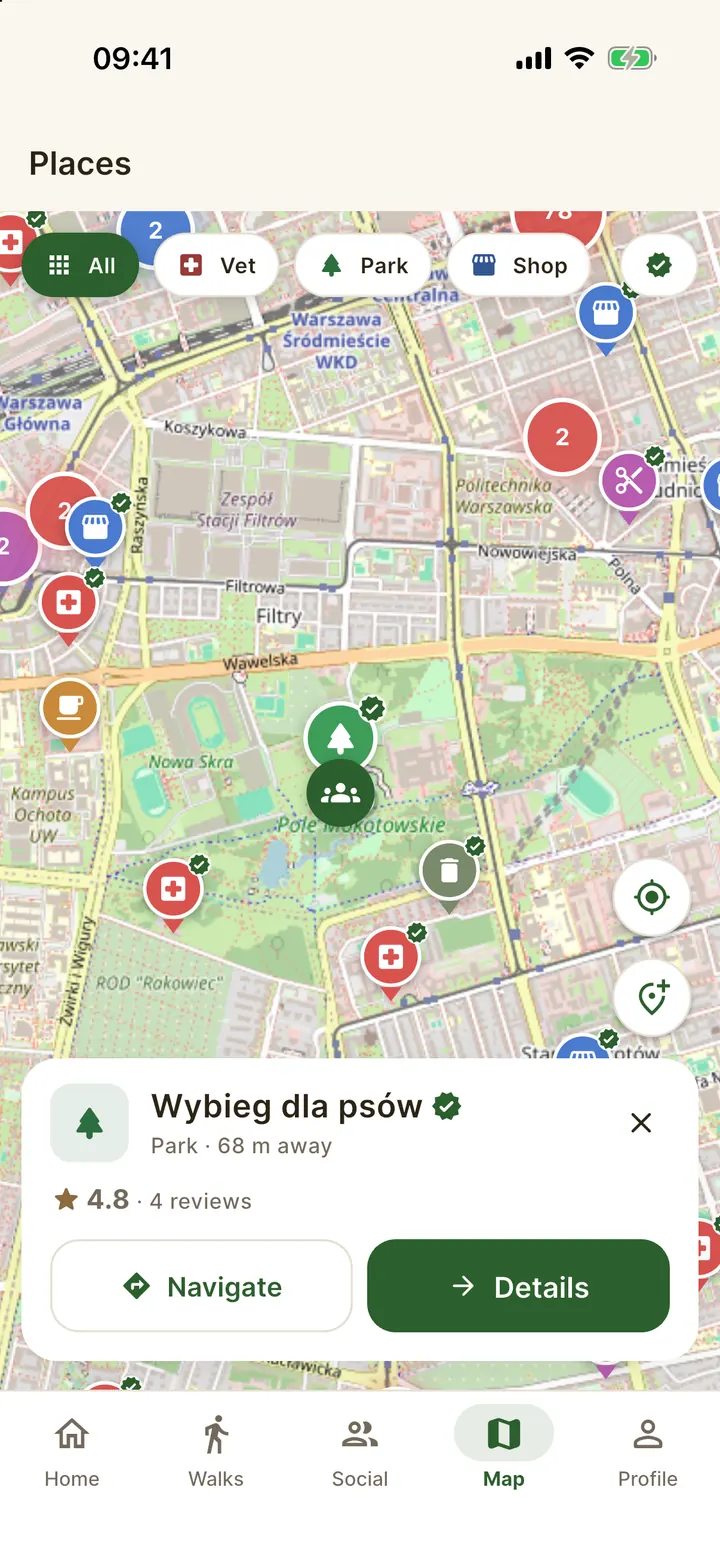 Map of dog-friendly places with a selected park