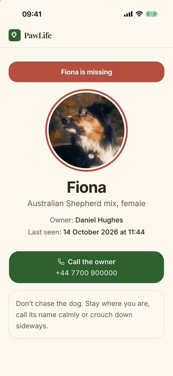 A dog’s public profile after scanning the QR collar tag