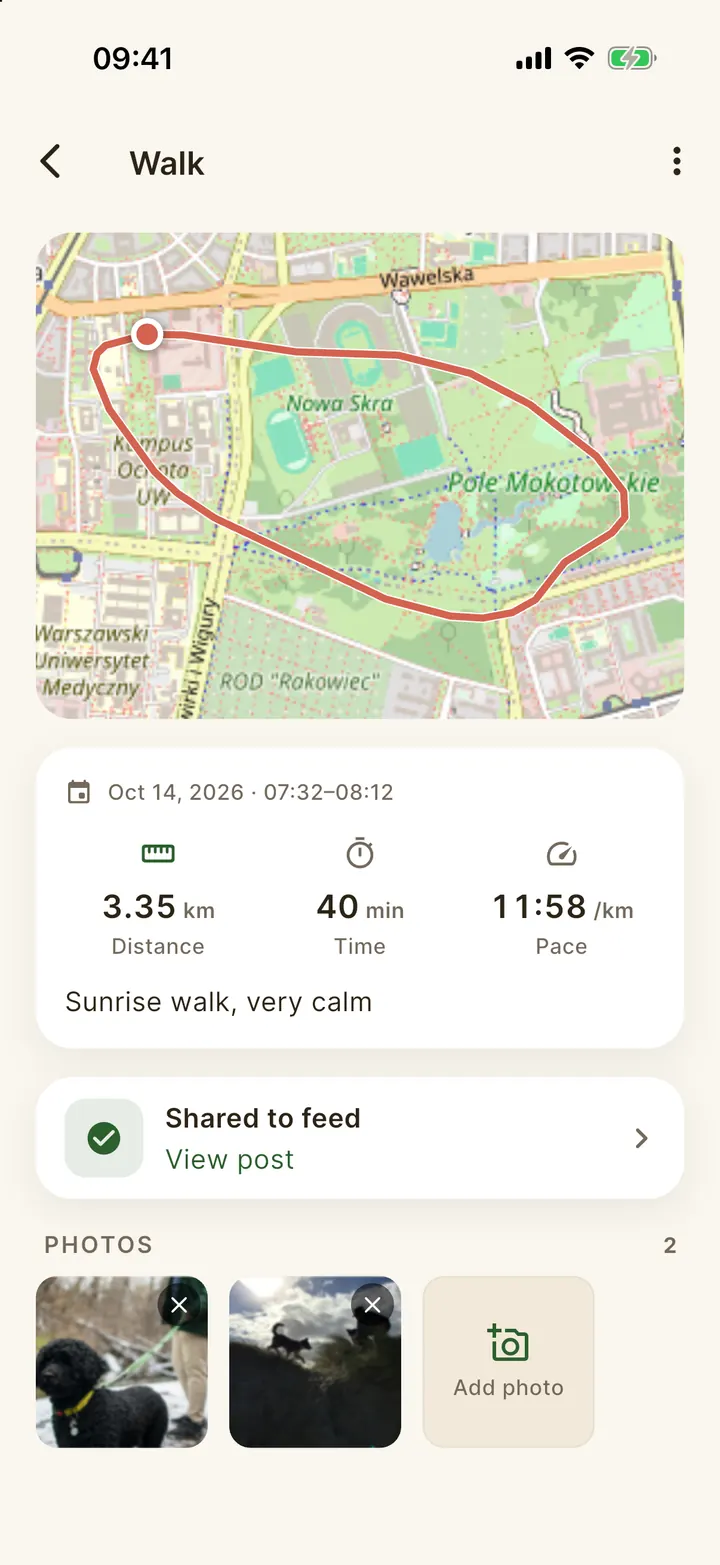 Walk details with a route map, distance and duration