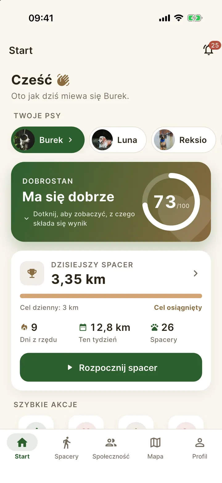 Ekran główny PawLife: wynik dobrostanu psa, dzisiejszy spacer i nadchodzące przypomnienia