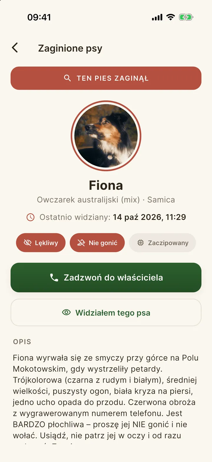 Zgłoszenie zaginionego psa z ostrzeżeniami „Lękliwy” i „Nie gonić” oraz przyciskiem „Zadzwoń do właściciela”