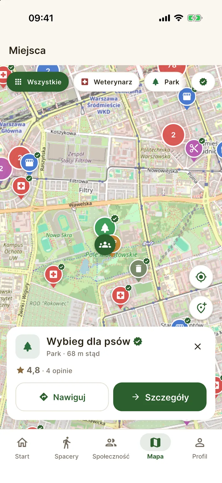 Mapa miejsc przyjaznych psom z kartą wybranego parku