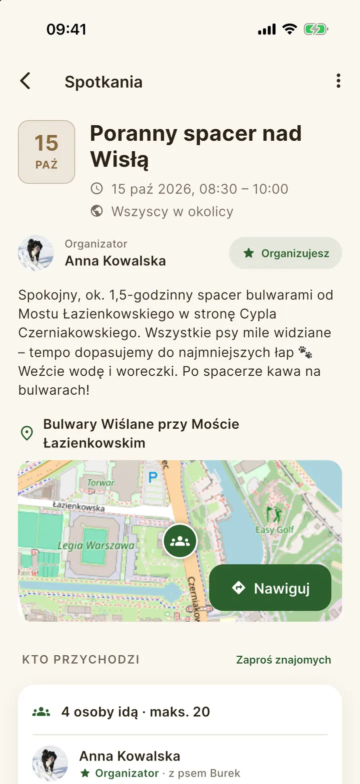 Szczegóły spotkania na spacer z listą uczestników