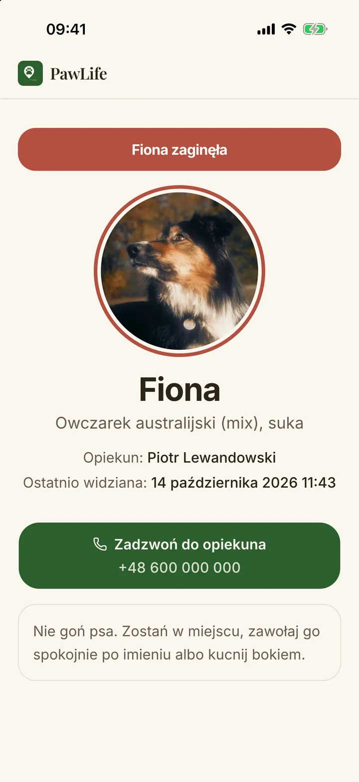 Publiczny profil psa po zeskanowaniu zawieszki z kodem QR
