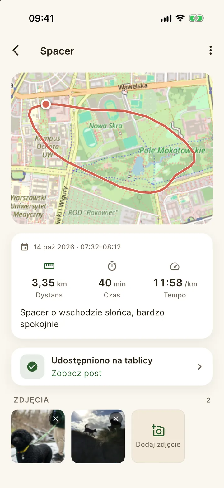 Szczegóły spaceru z mapą trasy, dystansem i czasem